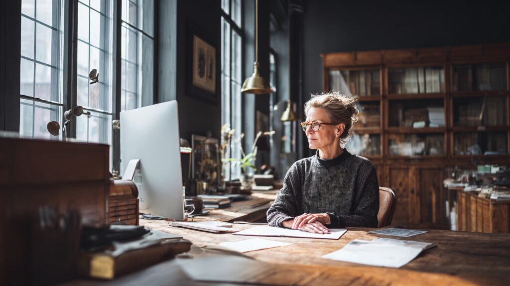 Dame arbeitet an Computer, archiviert Dokumente, nachhaltige Dokumentation, Fachkräftestube, digitale Prozesse, IKS, VD2.