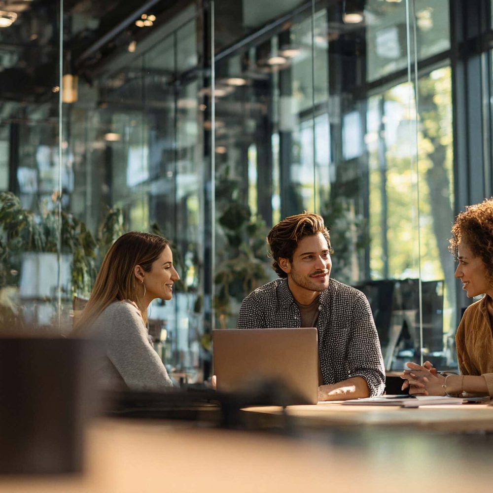Moderner Arbeitsplatz mit Team, das digitale Verfahrensdokumentation und internes Kontrollsystem nutzt.